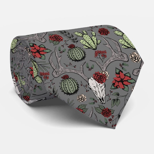 Red and Green Country Christmas Deer Head Antlers Krawatte (Gerollt)