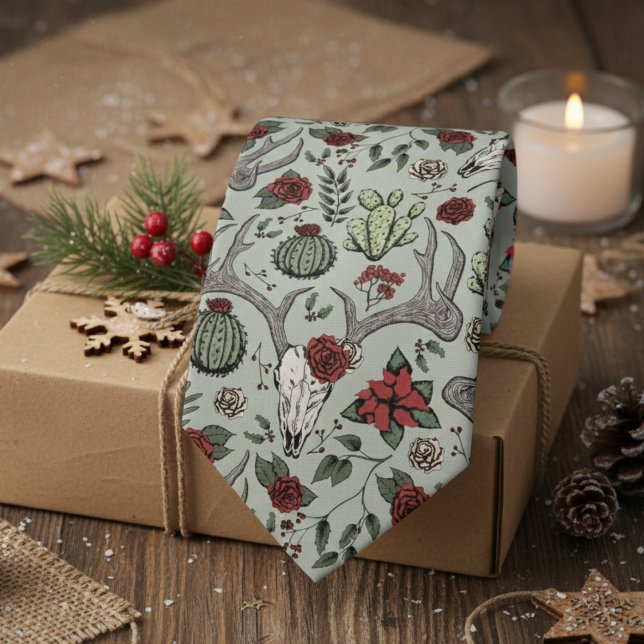 Red and Green Country Christmas Deer Head Antlers Krawatte (Sage Green Country Christmas Men's Tie. Xmas Reindeer Skull, Antlers, Red Poinsettias, Cacti Pattern)