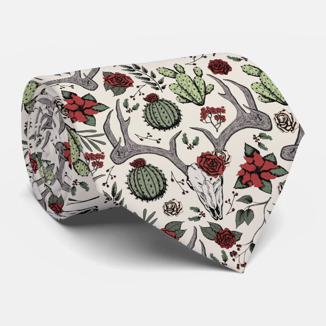 Red and Green Country Christmas Deer Head Antlers Krawatte (Gerollt)