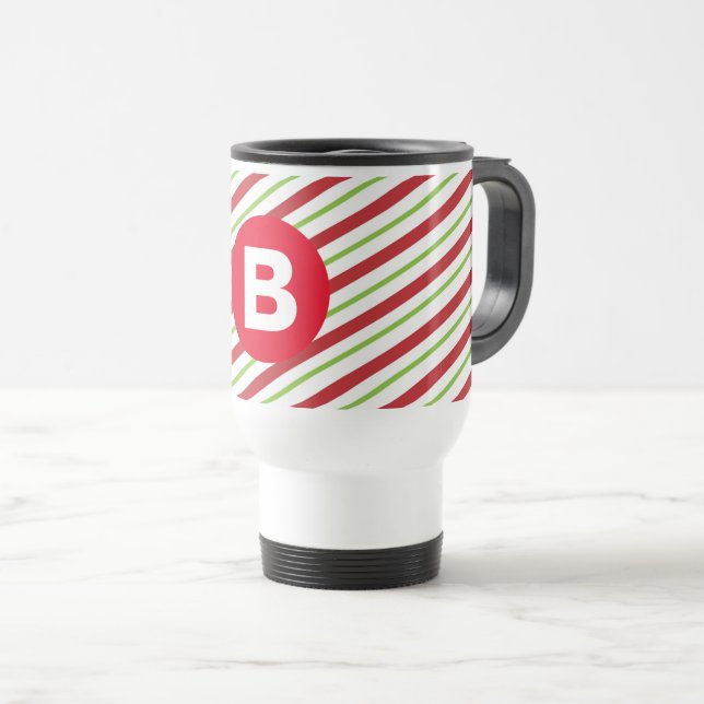 Red and Green Diagonal Pinstripes Monogram Reisebecher (VorderseiteRechts)