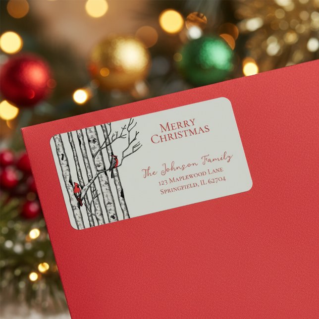 Red and Green Merry Xmas Kardinal Birch Branchen Adressaufkleber (Elegant Festive Winter Sage Green Return Address Label. Hand Drawn Red Cardinal Birds in Birch Trees)