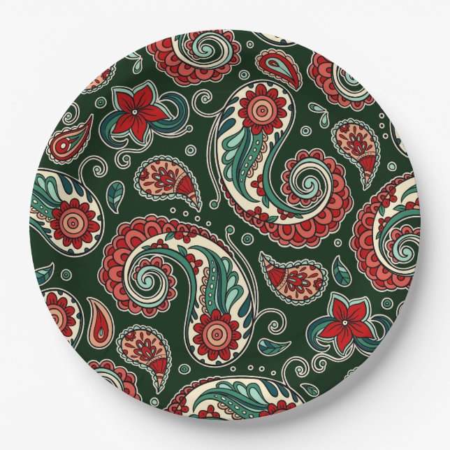 Red and Green Paisley Paper Plates Pappteller (Vorderseite)