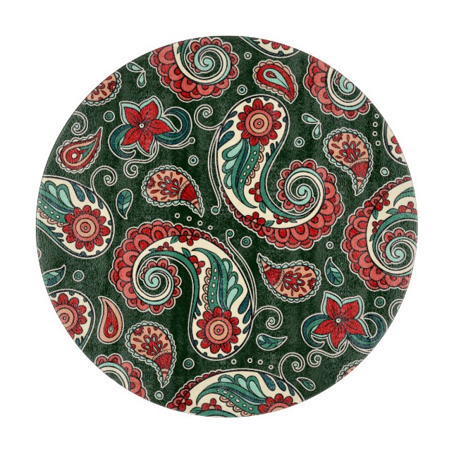 Red and Green Paisley Round Cutting Board Schneidebrett (Vorderseite)