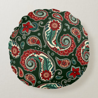 Red and Green Paisley Round Pillow Rundes Kissen