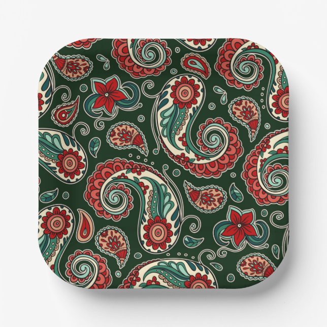 Red and Green Paisley Square Paper Plates Pappteller (Vorderseite)