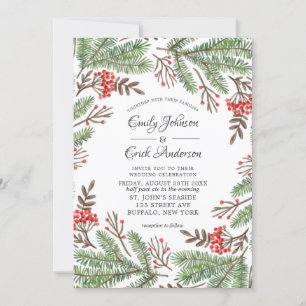 Red and Green Pine Needles Berry Christmas Einladung