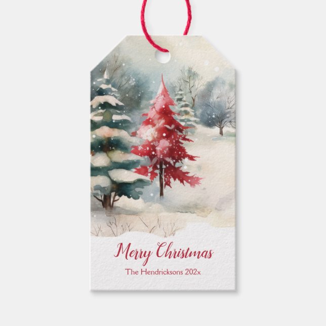 Red and Green Pine Trees Christmas Geschenkanhänger (Vorderseite)