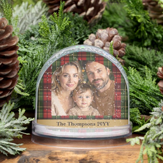Red And Green Plaid Custom Family Photo Christmas Schneekugeln (Winter)