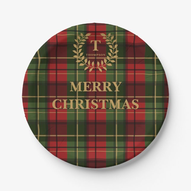 Red And Green Plaid Family Name Christmas Pappteller (Vorderseite)