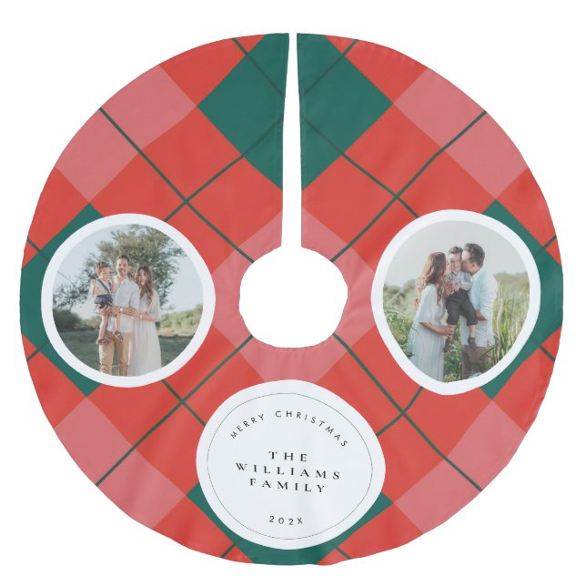 Red and Green Plaid Family Photo Christmas Polyester Weihnachtsbaumdecke (Vorderseite)