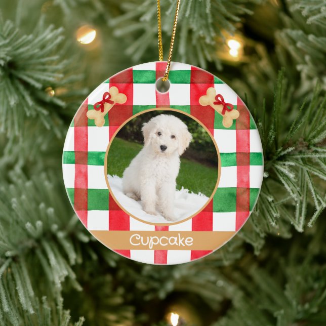 Red and Green Plaid Round Pet Ornament (Baum)
