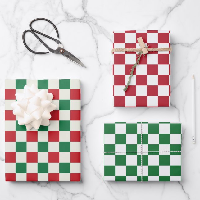 Red and Green Retro Check Geschenkpapier Set (Vorderseite)