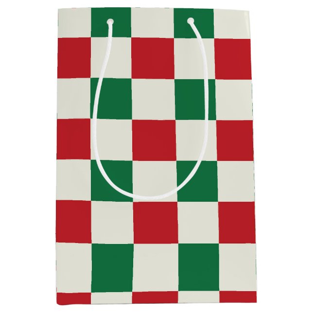 Red and Green Retro Holiday Check Pattern Mittlere Geschenktüte (Vorderseite)