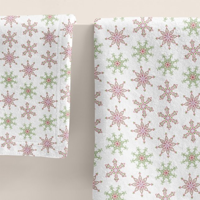 Red and Green Snowflake Weihnachtsmuster Badhandtuch Set (Red and green snowflake pattern towel set.)