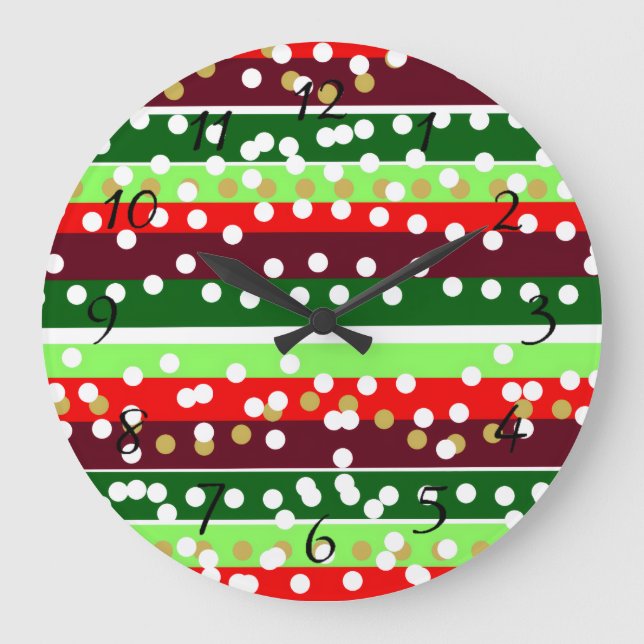 Red and Green Stripes Polka Dots Christmas  Große Wanduhr (Vorderseite)