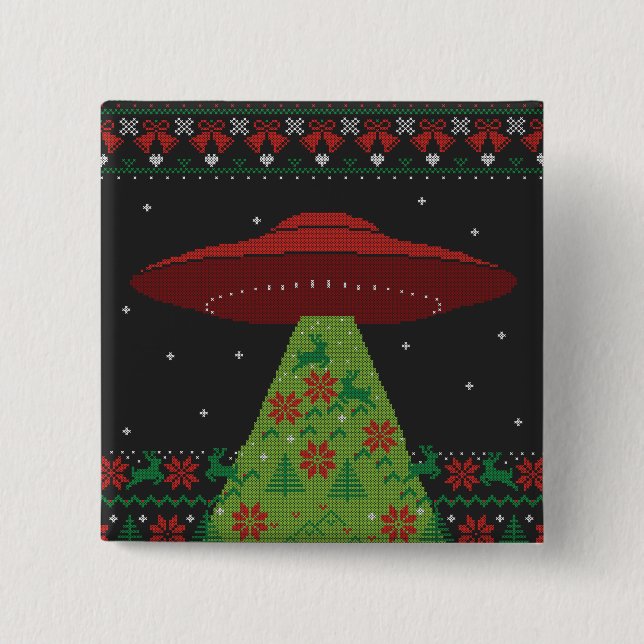 Red and Green UFO Traktor Beam Ugly Christmas Button (Vorderseite)