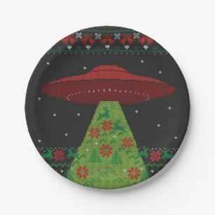 Red and Green UFO Traktor Beam Ugly Christmas Pappteller