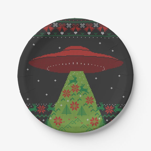 Red and Green UFO Traktor Beam Ugly Christmas Pappteller (Vorderseite)