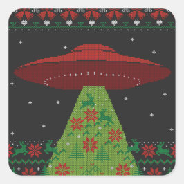 Red and Green UFO Traktor Beam Ugly Christmas Quadratischer Aufkleber