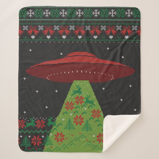 Red and Green UFO Traktor Beam Ugly Christmas Sherpadecke (Vorderseite)