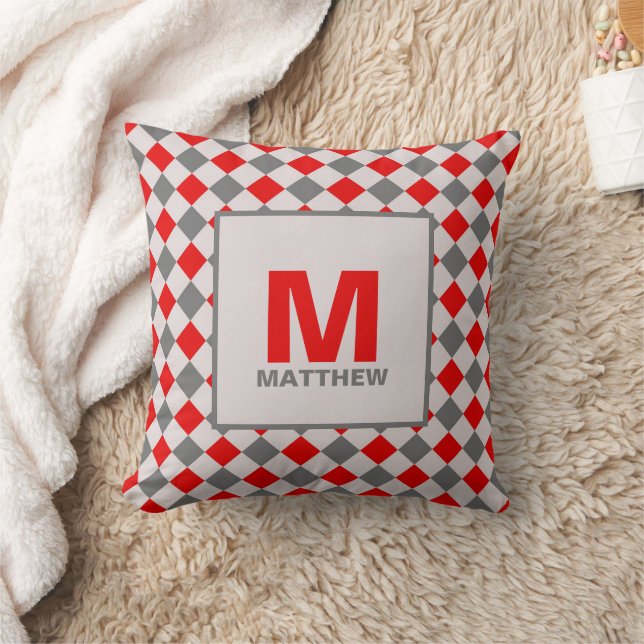 Red and Grey Boys Diamond Muster Mit Monogramm Kissen (Decke)