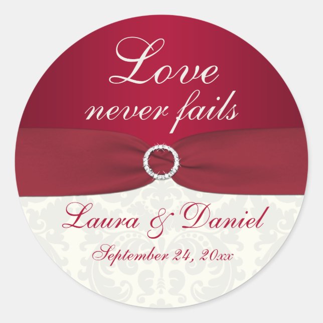 Red and Ivory Damask 1,5" Round Wedding Sticker (Vorderseite)