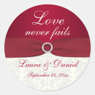 Red and Ivory Damask 1,5" Round Wedding Sticker