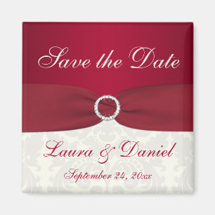Red and Ivory Damask Save the Date Magnet
