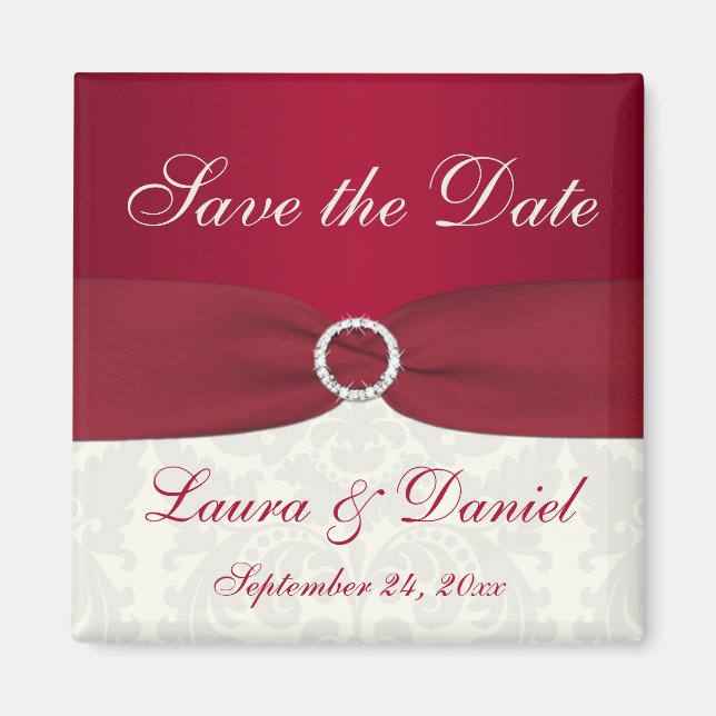Red and Ivory Damask Save the Date Magnet (Vorne)