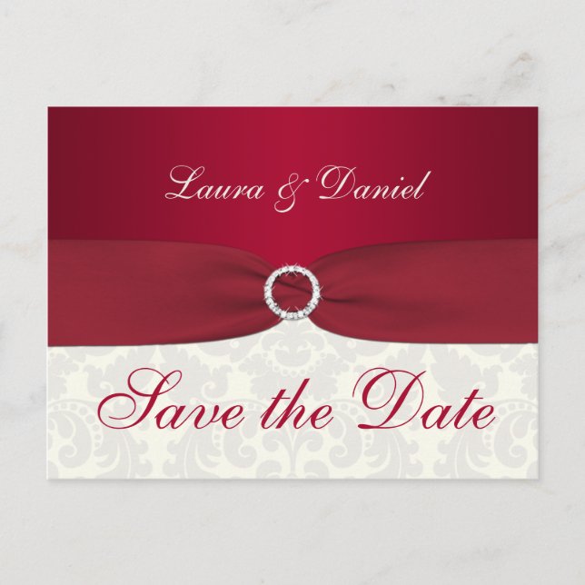 Red and Ivory Damask Save the Date Postkarte (Vorderseite)