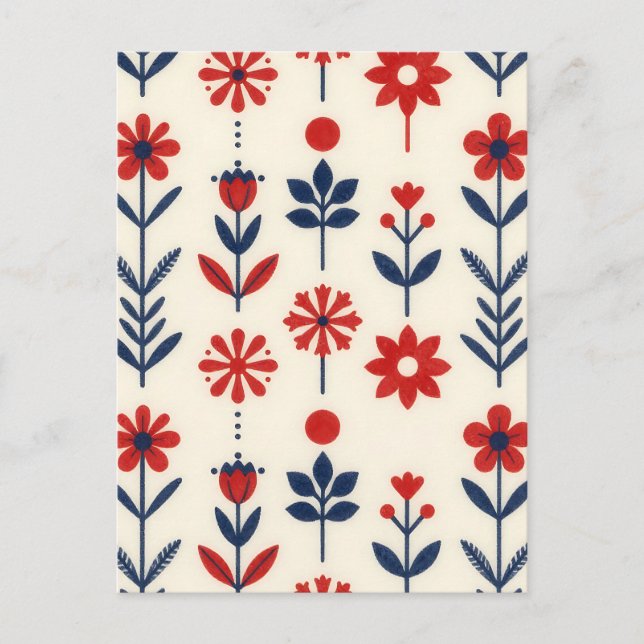 Red and Navy Folk Floral Pattern Postkarte (Vorderseite)