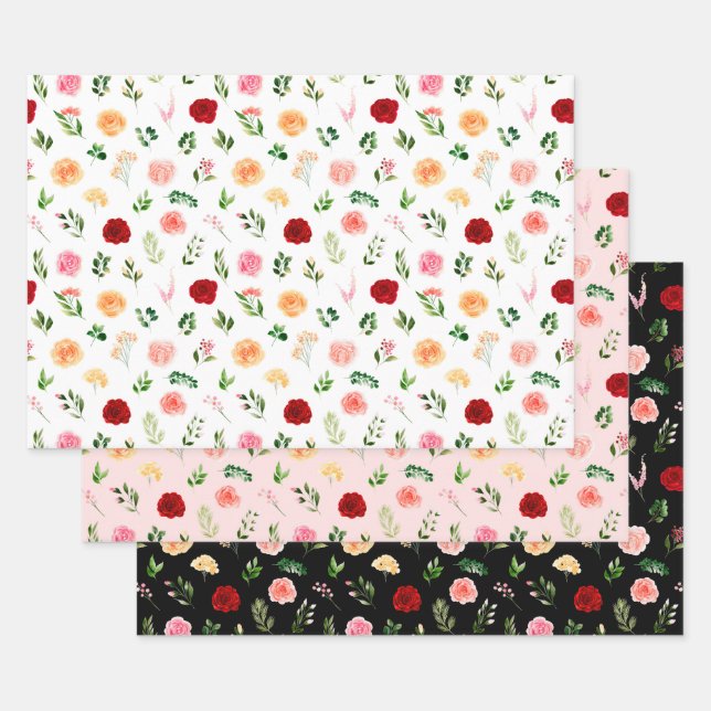 Red and Orange Flowers with Foliage Pattern Geschenkpapier Set (Set)