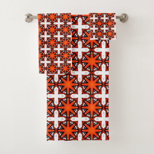 Red and orange geometric pattern Towel Badhandtuch Set (Insitu)