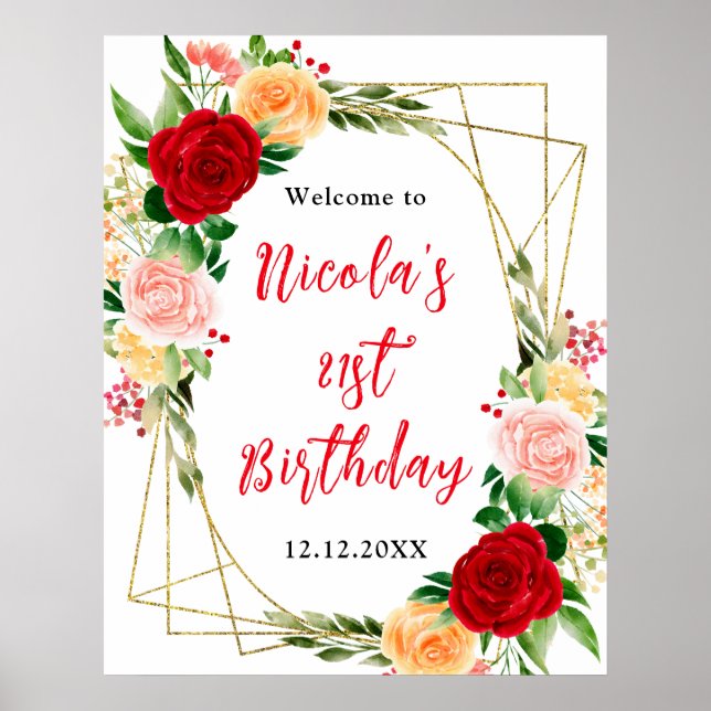 Red and Orange Roses Birthday Welcome Poster (Vorne)