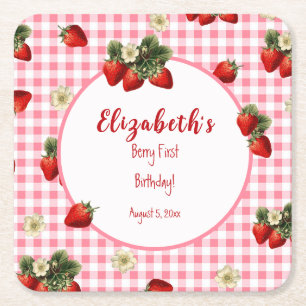 Red and Pink Berry First Baby Girl Birthday Party Rechteckiger Pappuntersetzer