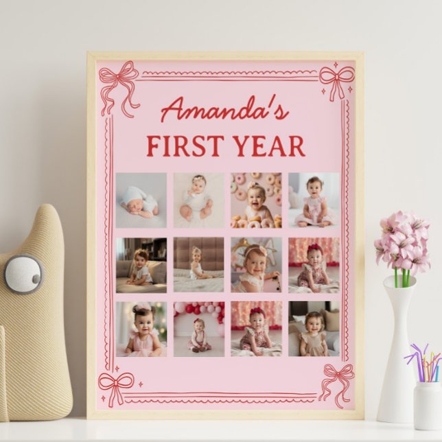 Red and Pink Bow Cake Birthday Photo Milestone Poster (Von Creator hochgeladen)