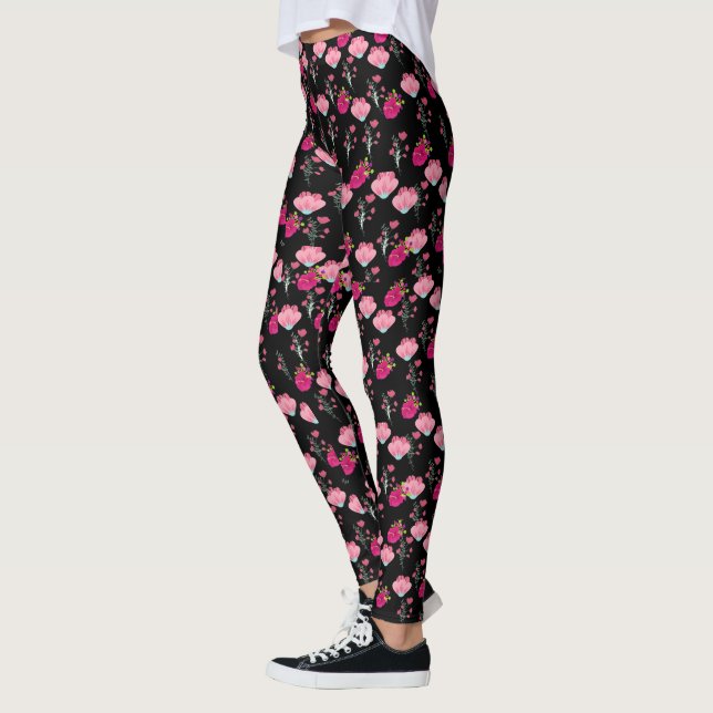 red and Pink cherry blossom Pattern on black Leggings (Links)