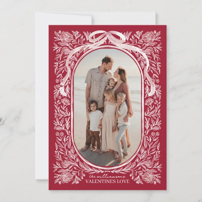 Red and Pink Floral & Bow Valentine Photo Card Einladung (Vorderseite)