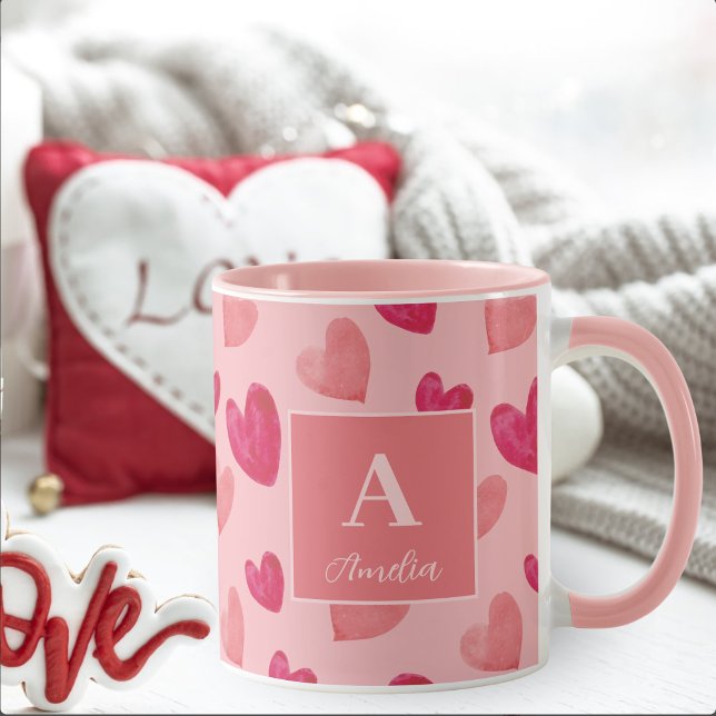 Red and Pink Heart Personalized Monogram Name Tasse (Von Creator hochgeladen)