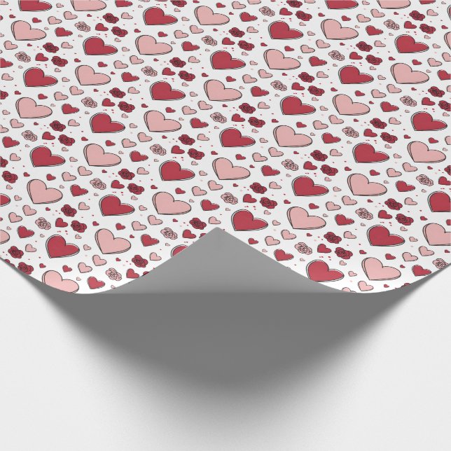 Red and Pink Hearts and Roses Doodle Art Geschenkpapier (Ecke)
