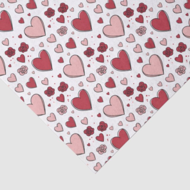 Red and Pink Hearts and Roses Doodle Art Seidenpapier (Ausschnitt)