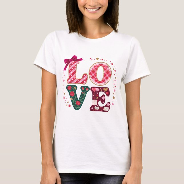 Red and Pink Love Lettering Floral Hearts Art T-Shirt (Vorderseite)