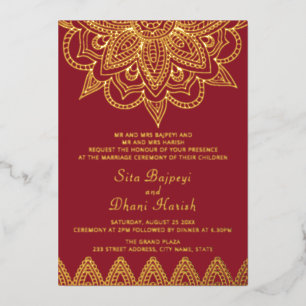 Red and Real Gold Foil Indische Hochzeitseinladung Folieneinladung