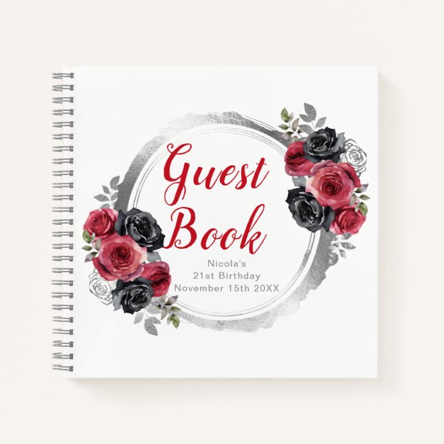 Red and Silver Elegant Flowers Birthday Guest Book Notizbuch (Vorderseite)