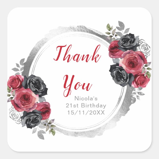 Red and Silver Elegant Flowers Birthday Party Quadratischer Aufkleber (Vorderseite)