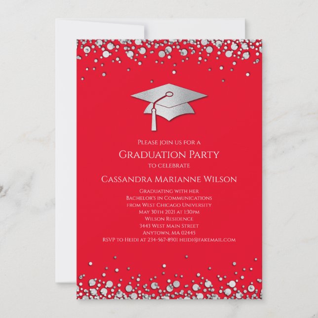 Red and Silver Graduation Einladung (Vorderseite)