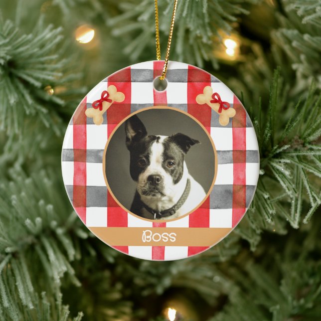 Red and Silver Grey Plaid Round Pet Ornament (Baum)