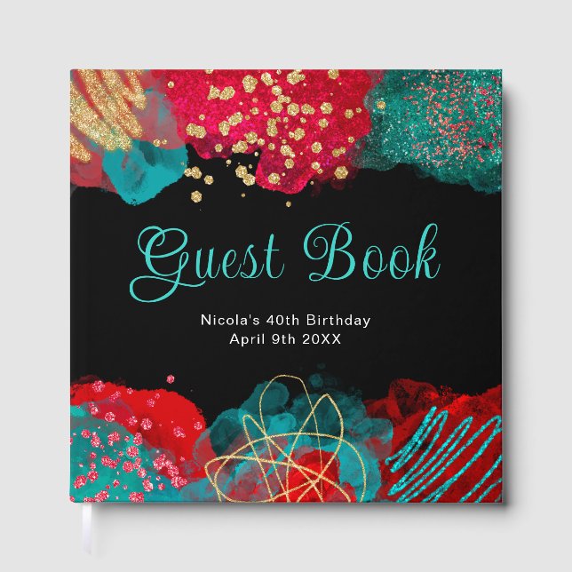 Red and Teal Blue Alcohol Ink Birthday Guest Book Gästebuch (Vorderseite)