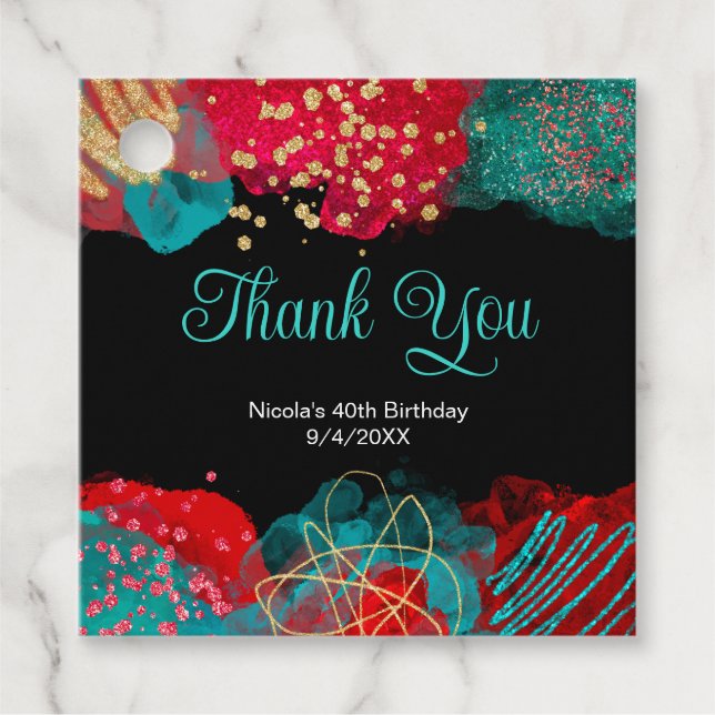 Red and Teal Blue Alcohol Ink Birthday Party Geschenkanhänger (Vorderseite)