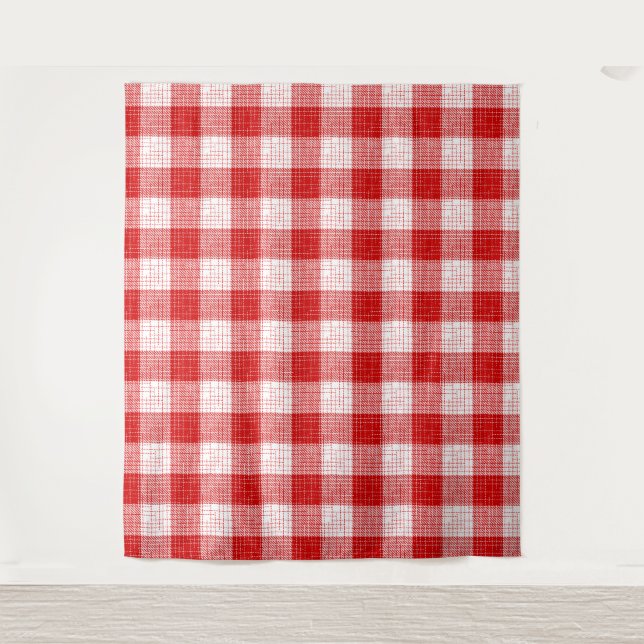 Red and White Bold Checkered Plaid Design  Wandteppich (Vorderseite)